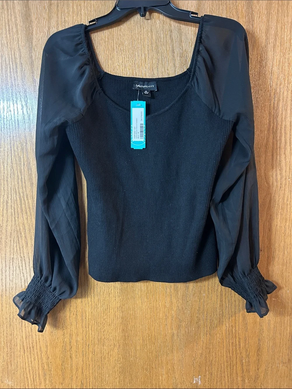 Fortune + Ivy Medium Ivania Sheer-Sleeve Square Neck Top - Picture 3 of 9
